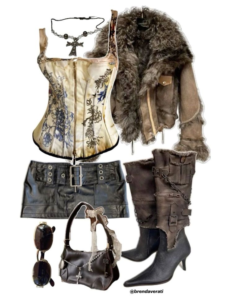 A gothic-style outfit featuring a corset, fur jacket, leather skirt, and boots