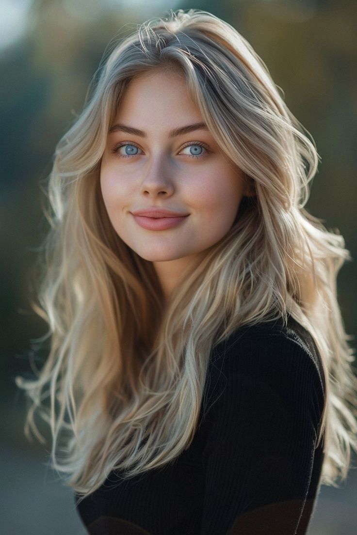 Woman with blonde hair and blue eyes wearing a black top, looking at the camera