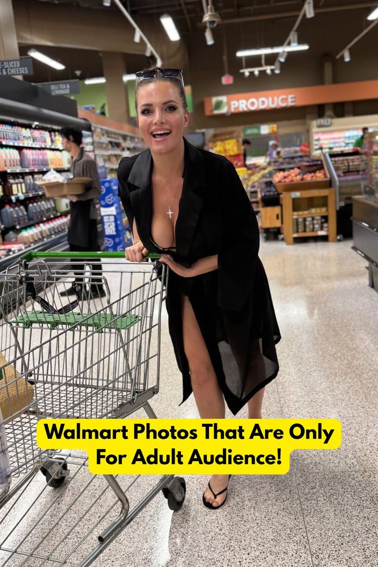 Woman in a black dress with cleavage exposed in a supermarket