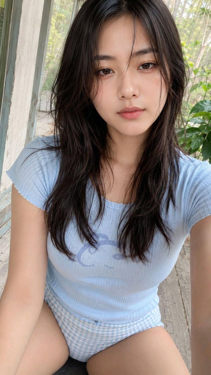 Woman with long dark hair wearing a blue top and plaid shorts outdoors