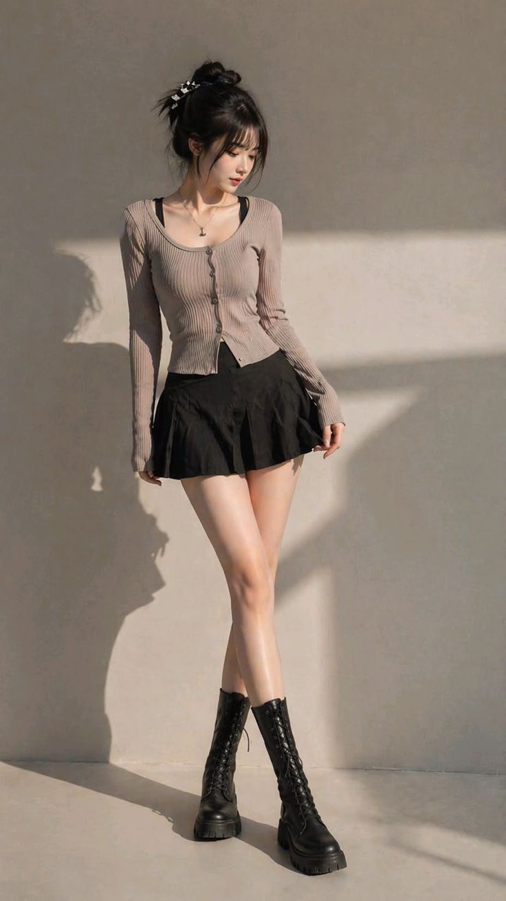 Woman in a black pleated skirt and long sleeve top with black boots