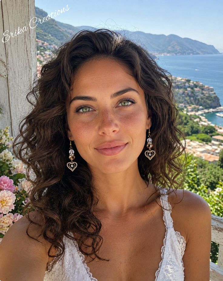 Woman with curly hair and green eyes wearing heart earrings outdoors with a coastline view