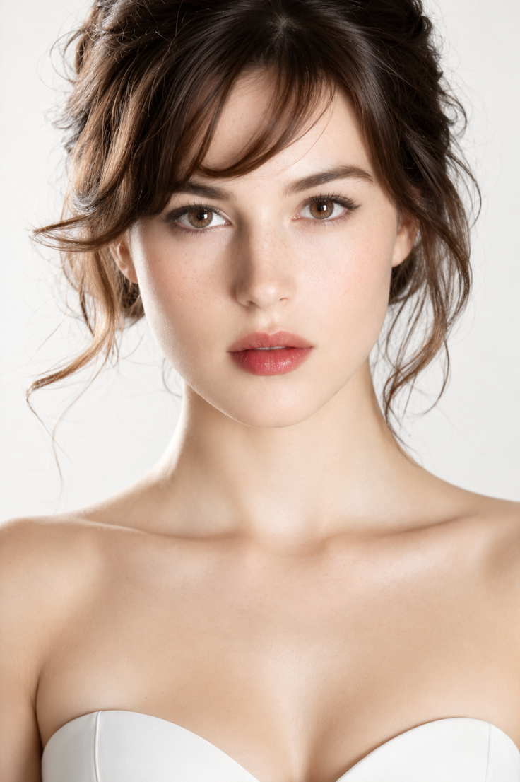 Woman with brown hair in an updo wearing a white strapless top