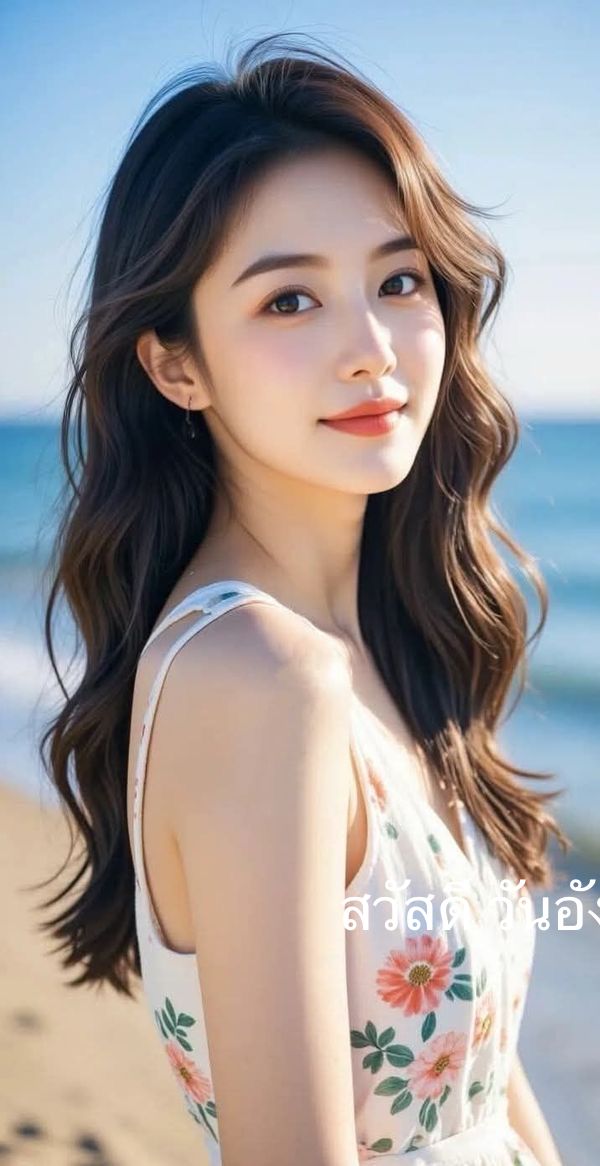 Woman with long brown hair in a floral dress on a beach
