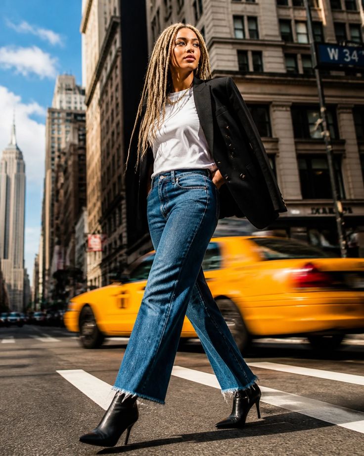 Woman with dreadlocks walking across a city street with a taxi in motion blur