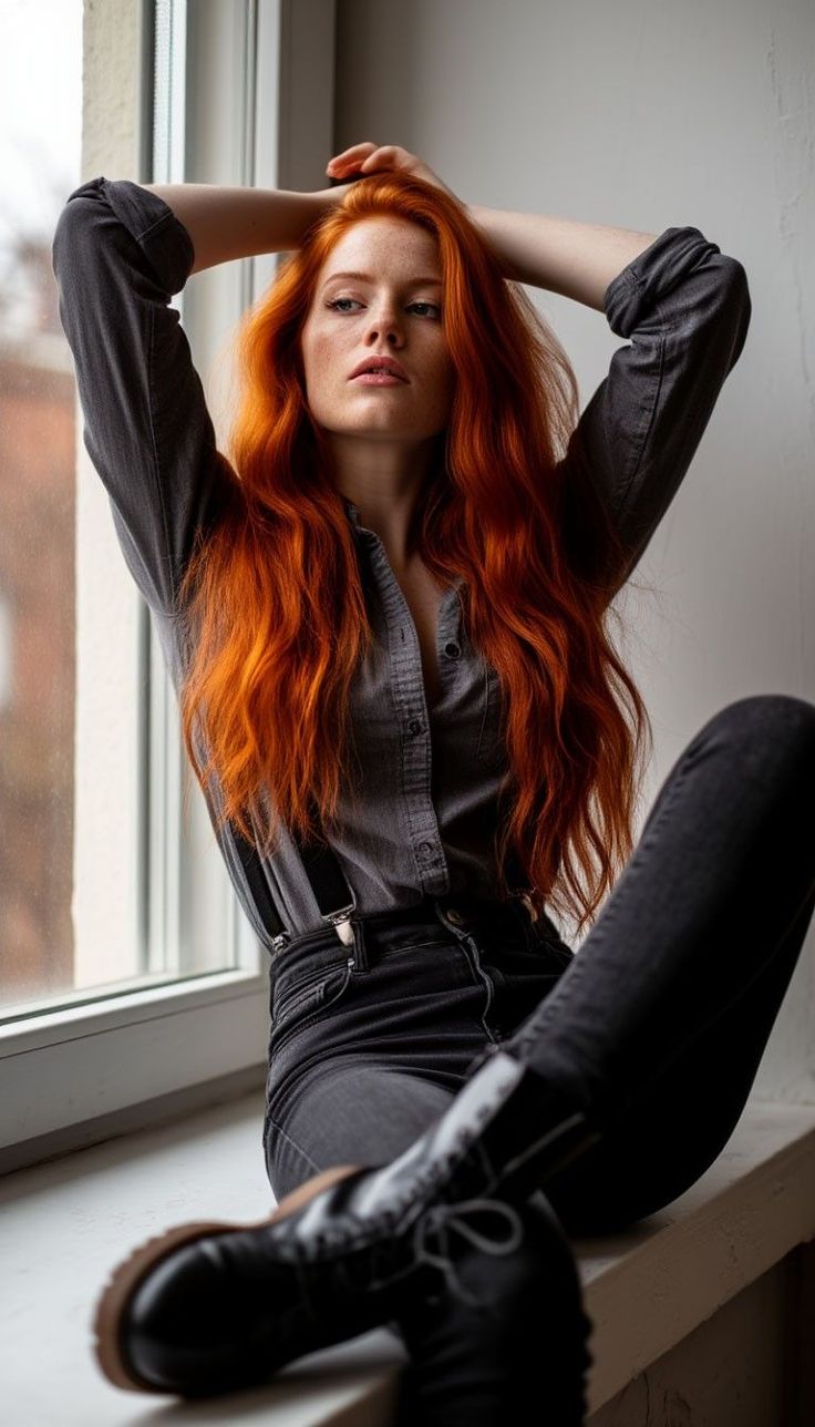 Woman with long red hair and freckles sitting on a windowsill
