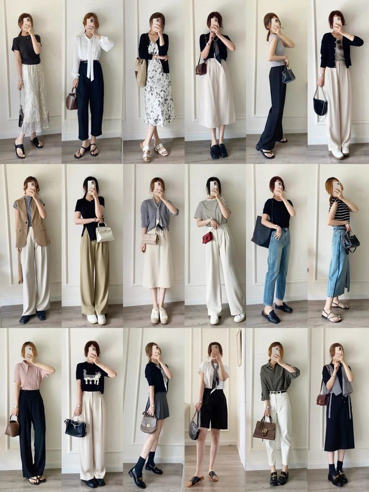 Multiple women in various casual outfits posing for mirror selfies indoors