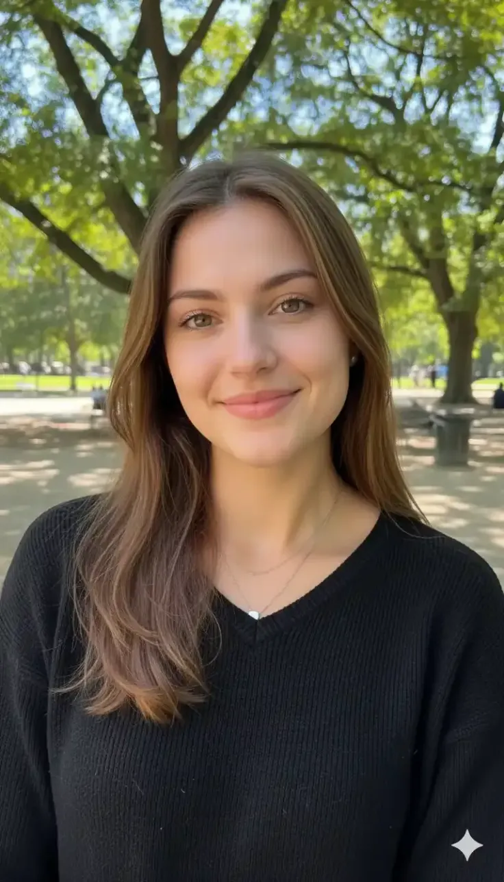 Woman with long brown hair wearing a black sweater in a park