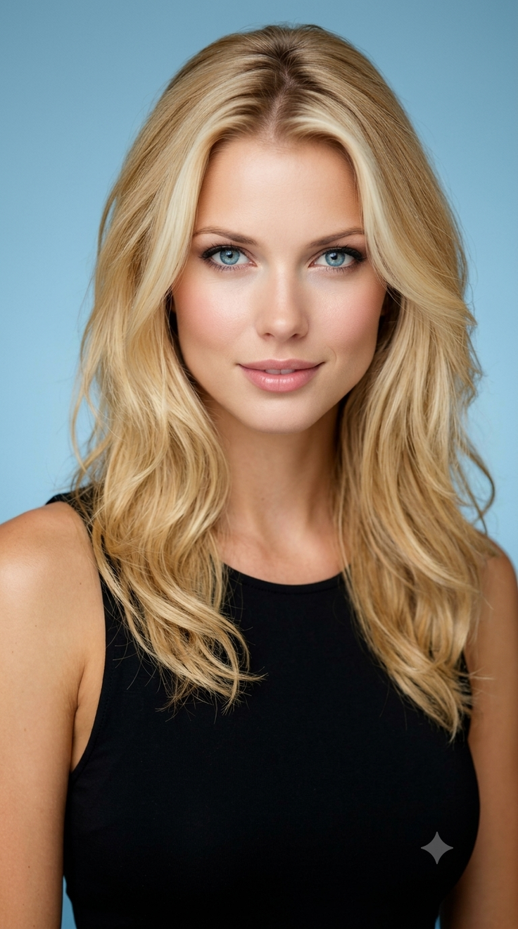 Woman with blonde hair and blue eyes wearing a black top against a blue background