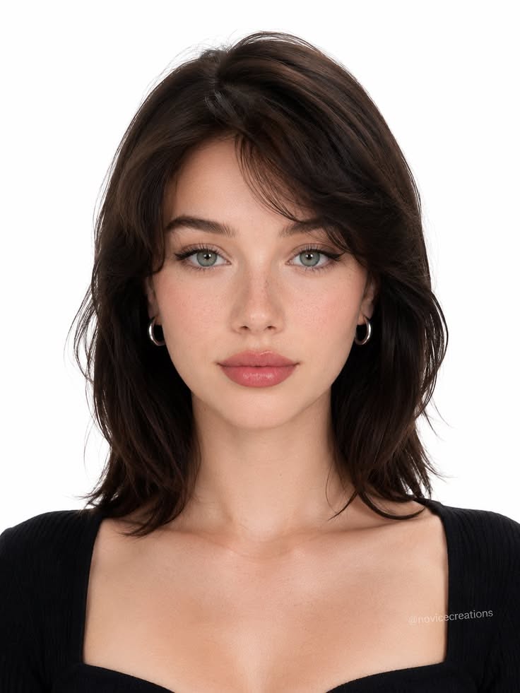 Woman with dark hair and green eyes wearing a black top and hoop earrings