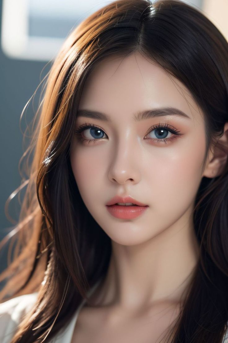 Woman with long brown hair and blue eyes in soft lighting
