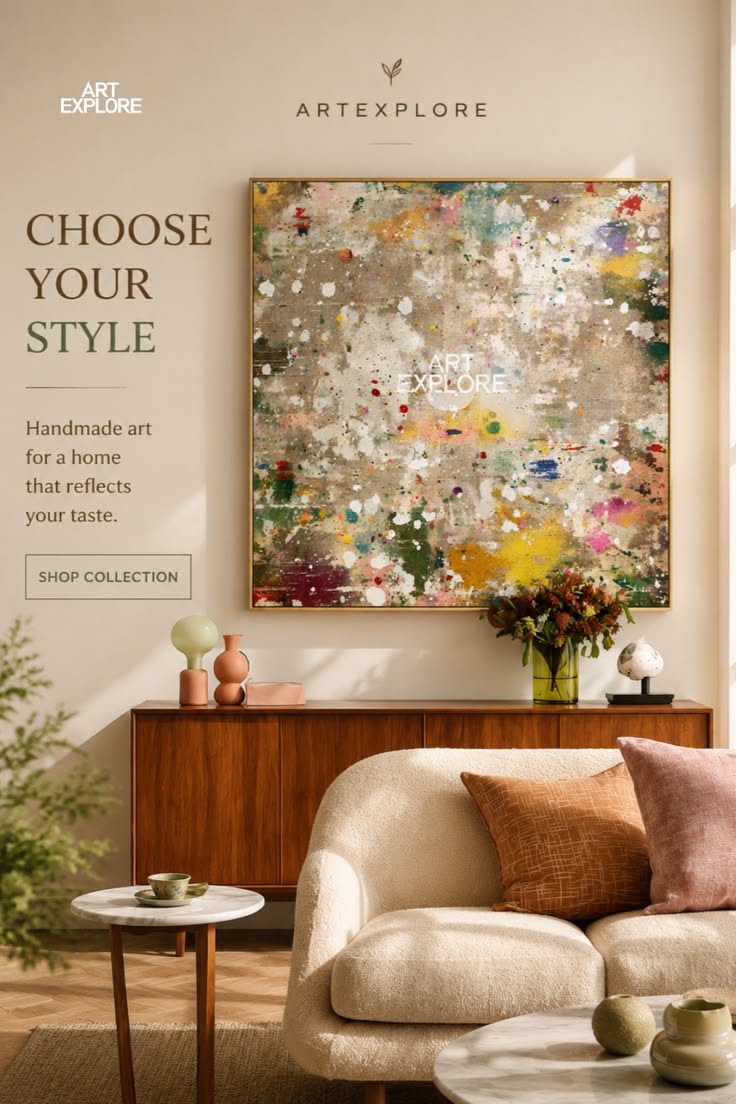 A modern living room with an abstract painting above a wooden cabinet