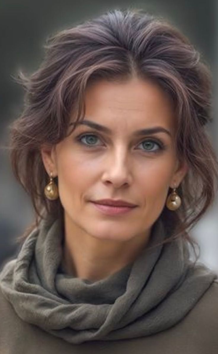 Woman with brown hair and green eyes wearing a scarf and gold earrings