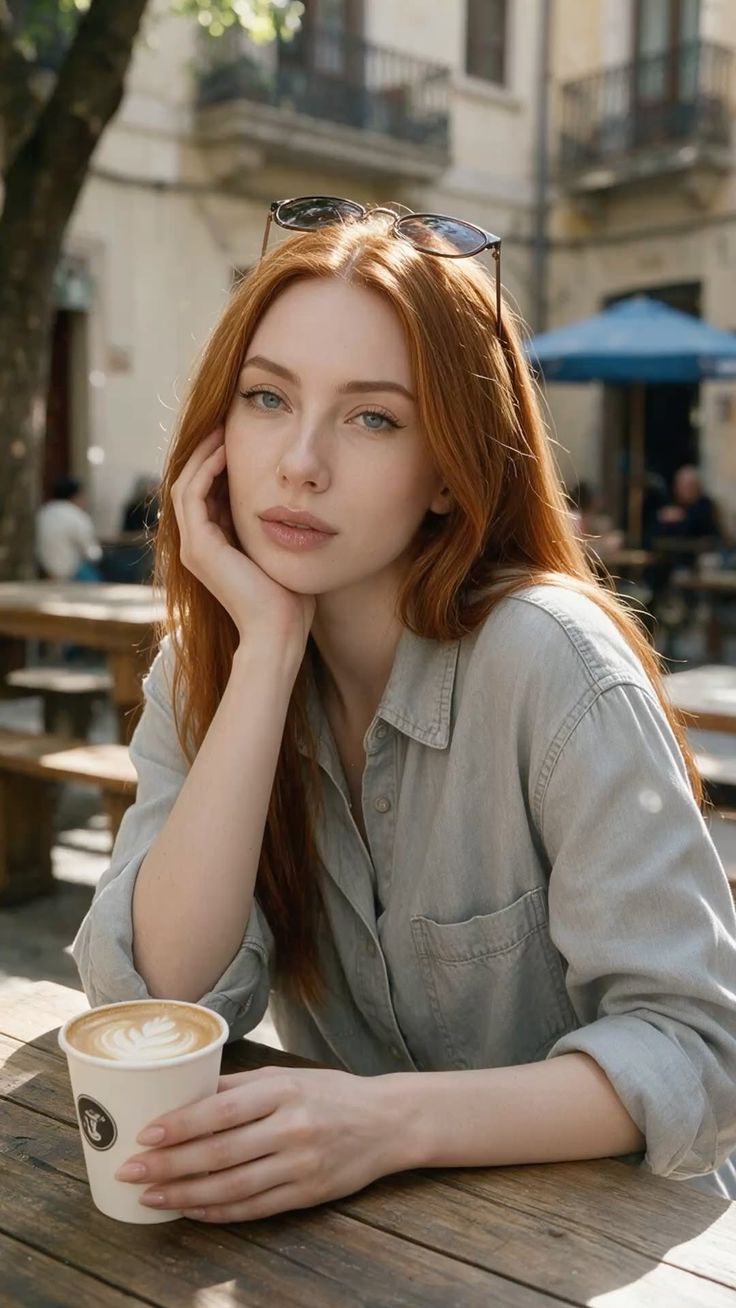 Woman with red hair at an outdoor cafe, holding a cup of coffee