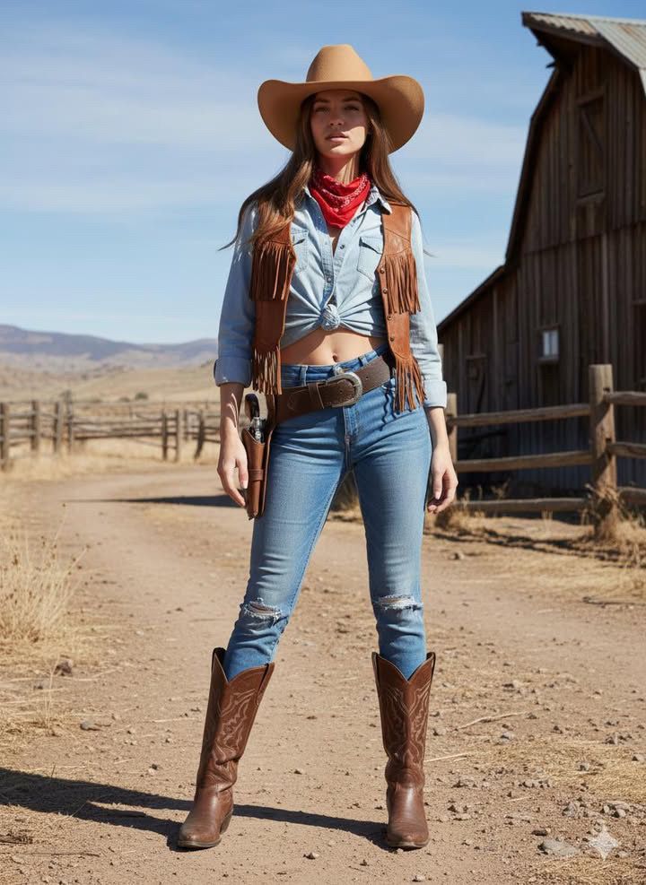 Woman in a cowgirl outfit with a fringe vest and jeans outdoors
