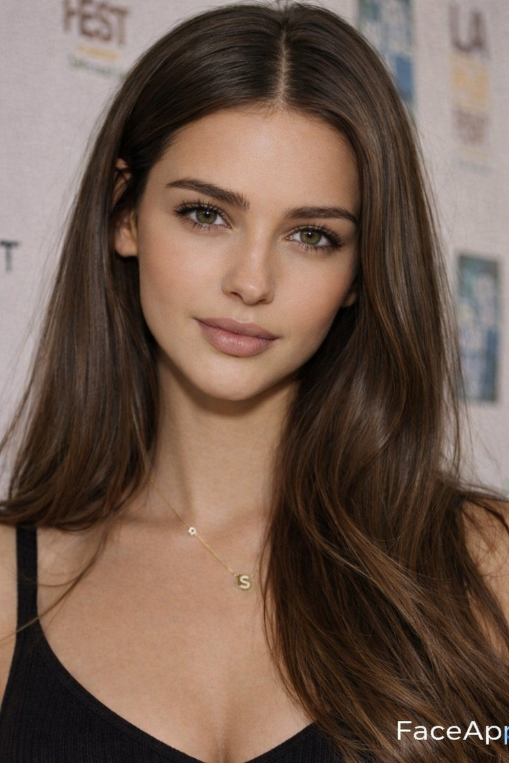 Woman with long brown hair and green eyes wearing a gold necklace