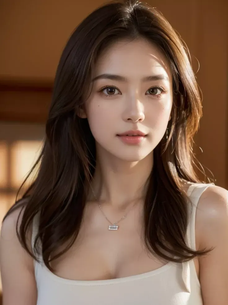 Woman with long brown hair wearing a white tank top and necklace