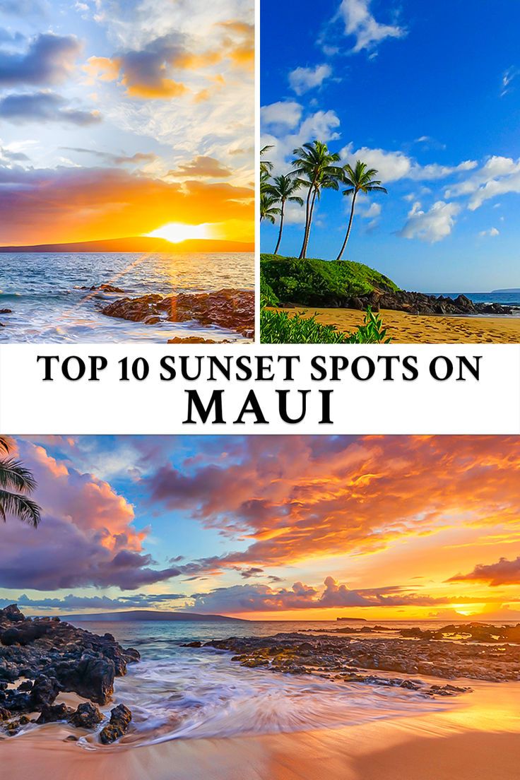 Collage of tropical beach scenes with sunsets and daytime views