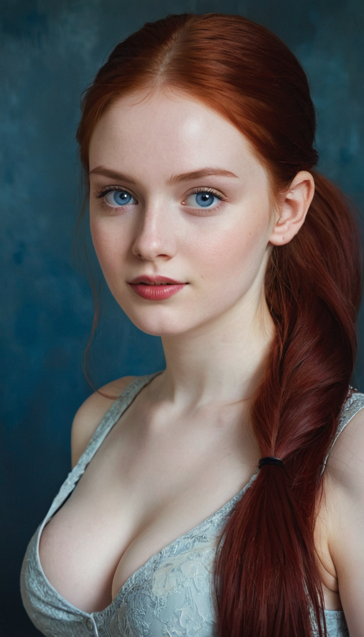 Woman with red hair and blue eyes wearing a lace top, looking at the viewer