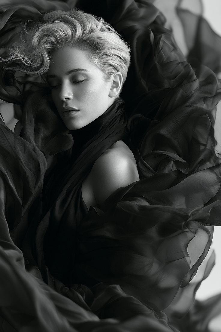 Woman with short hair and closed eyes, draped in flowing black fabric