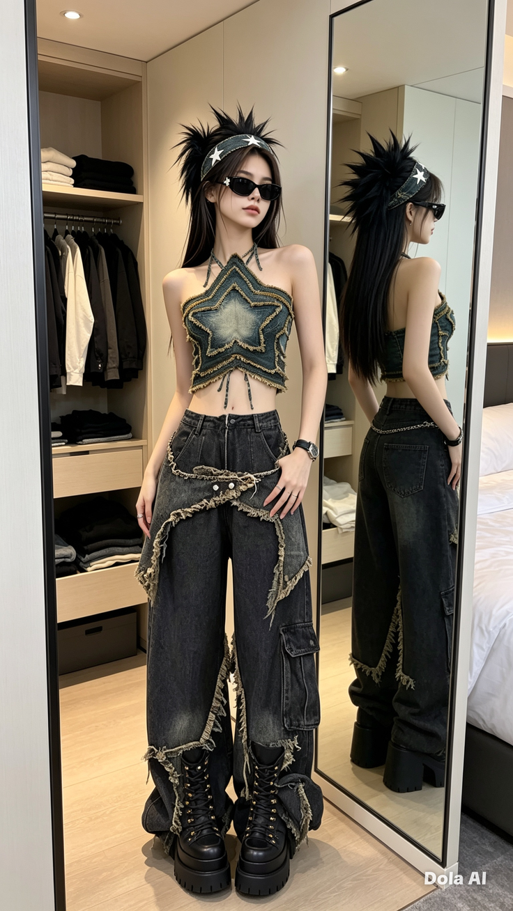 Woman in a star-shaped top, ripped jeans, and platform boots posing indoors