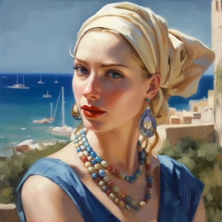 Woman with a headscarf and beaded necklace looking over the sea