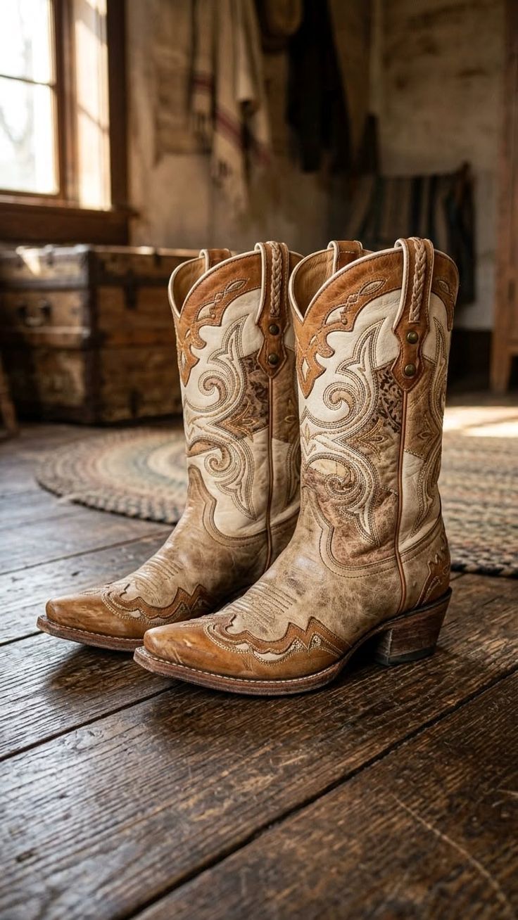 Pair of ornate cowboy boots on a rustic wooden floor indoors