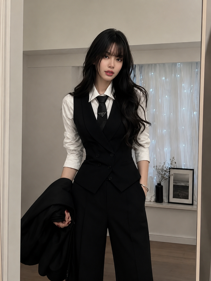 Woman in a black suit and white shirt with a black tie indoors