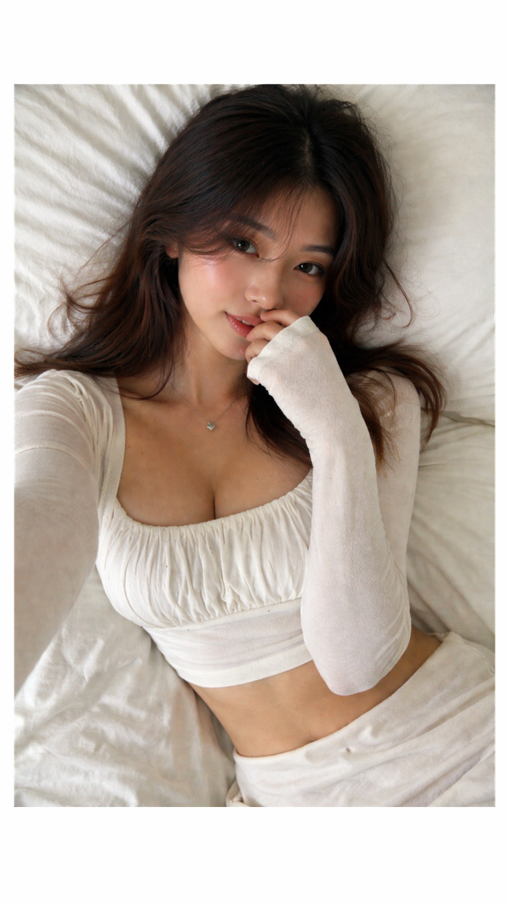 Woman with long hair in a white top lying on a bed