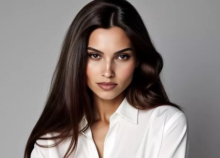 Woman with long dark hair wearing a white shirt in a studio portrait