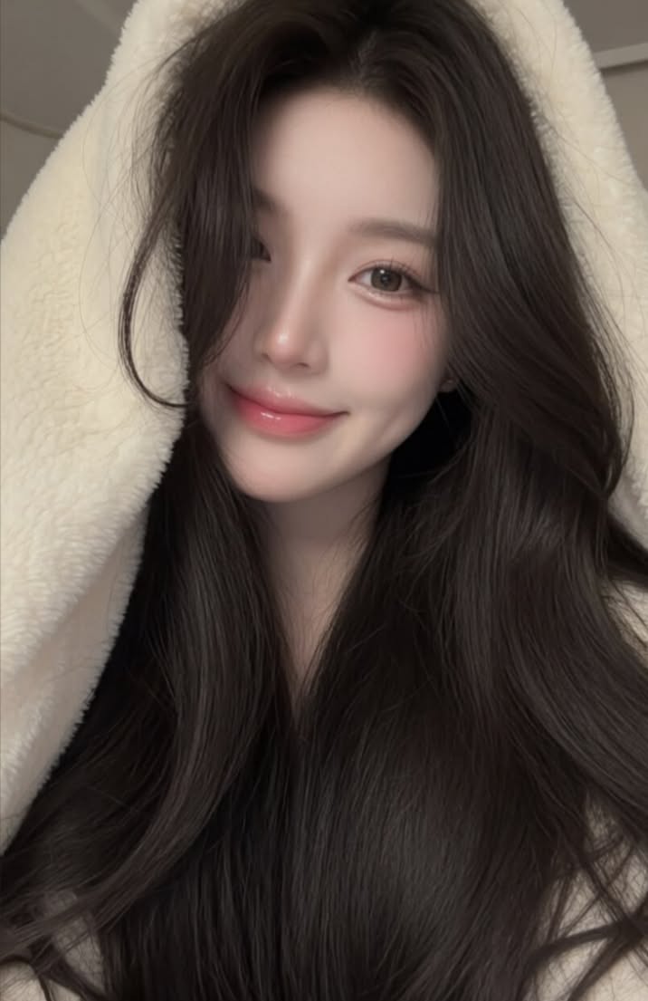 Woman with long dark hair wearing a white fluffy hoodie, smiling softly