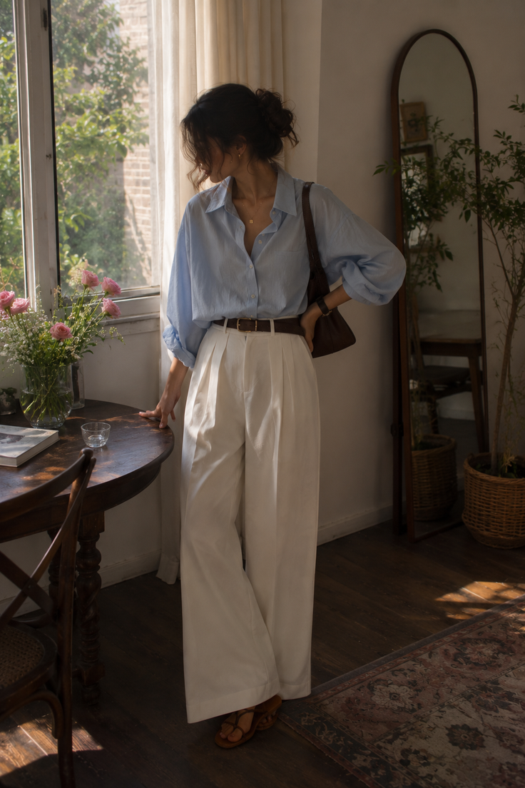 Woman in a light blue shirt and white pants standing by a window indoors