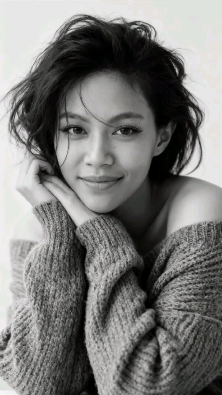 Woman with short black hair wearing an off-shoulder sweater, in black and white