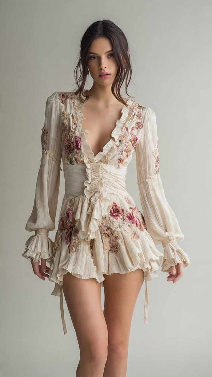 Woman in a ruffled floral dress with a deep V-neck and long sleeves