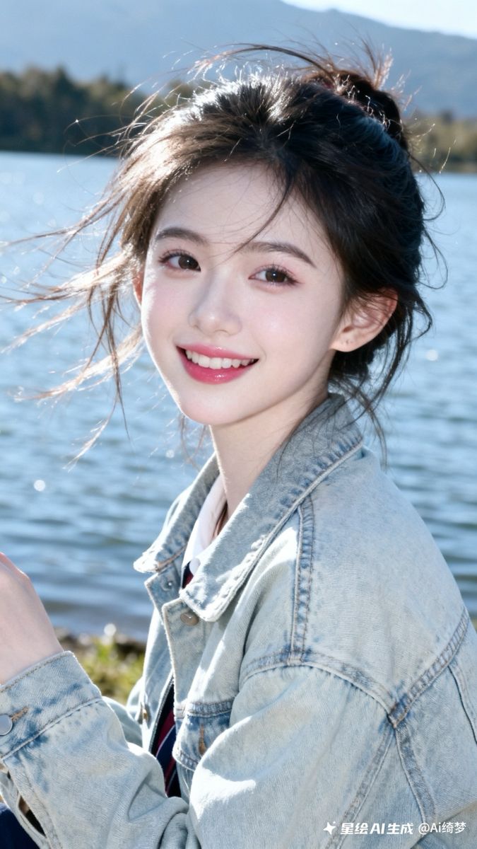Young woman in a denim jacket smiling by a lake
