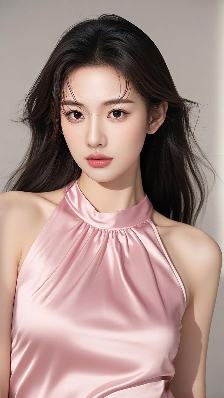 Woman with long dark hair wearing a pink halter neck top