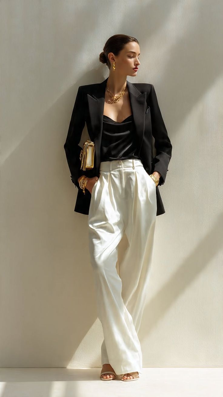Woman in a black blazer and white pants with gold jewelry leaning against a wall