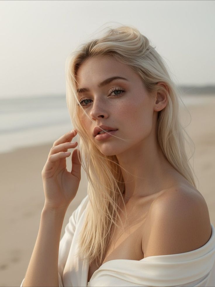 Blonde woman with long hair on a beach with soft lighting