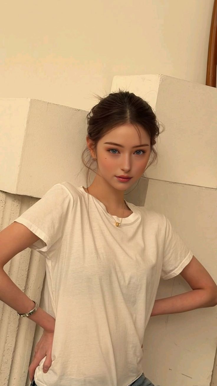 Woman with blue eyes and an updo wearing a white t-shirt and gold necklace