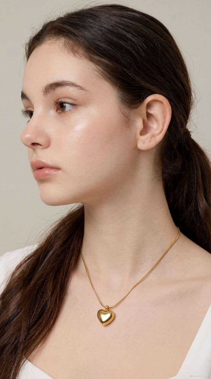 Woman with dark hair in a ponytail wearing a gold heart pendant necklace