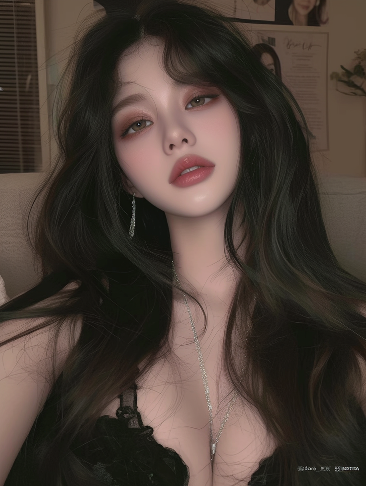 Woman with long black hair wearing black lingerie and jewelry