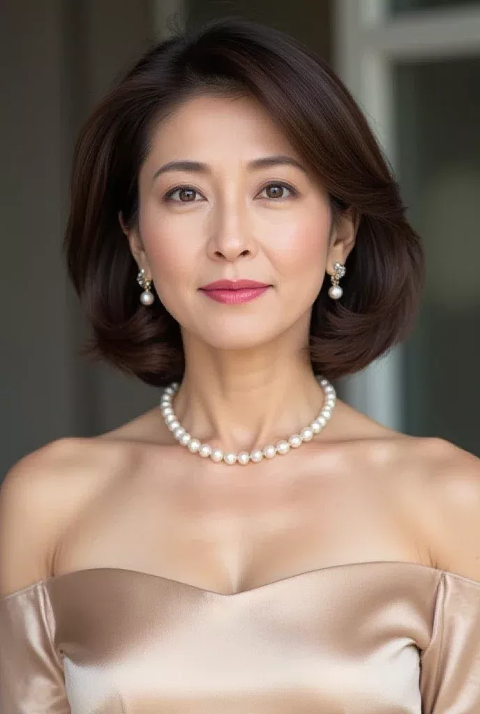 Woman with short hair wearing a pearl necklace and off-shoulder dress