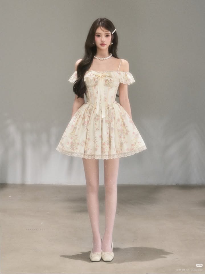 Woman in a floral off-shoulder dress and white tights standing indoors