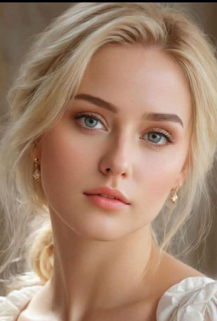 Blonde woman with blue eyes and light makeup wearing earrings