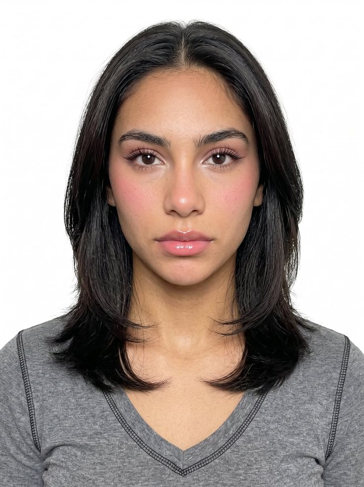 Woman with black layered hair and pink makeup against a white background