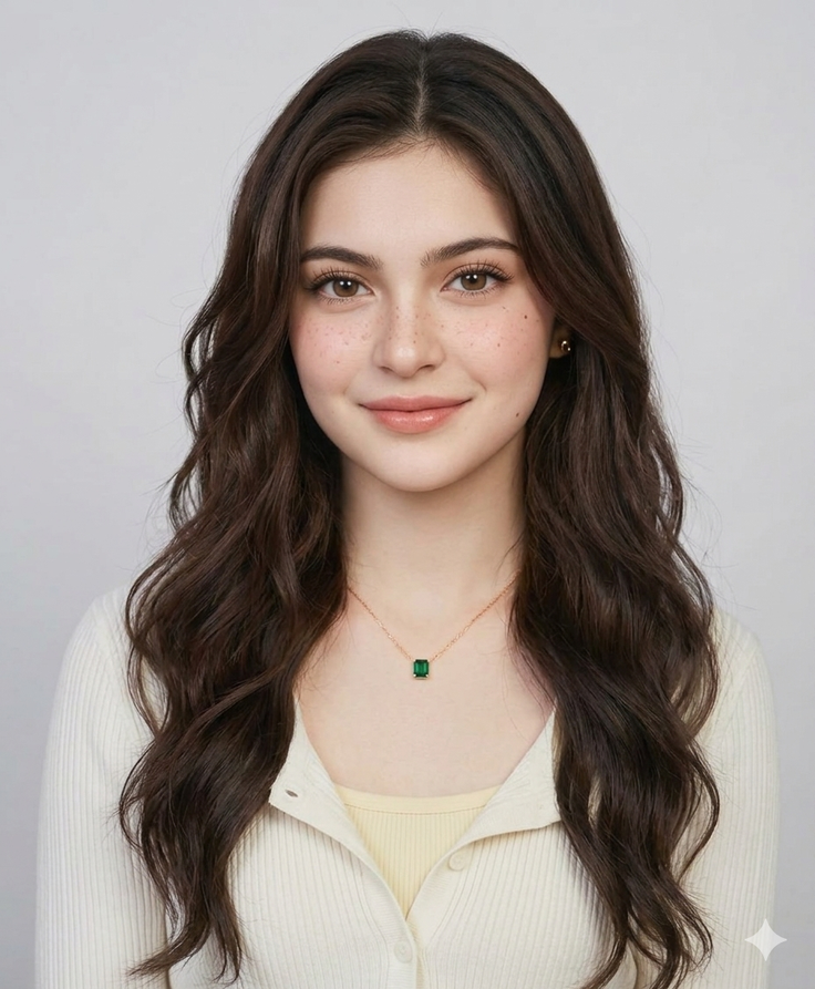 Woman with long brown hair and freckles wearing an emerald necklace