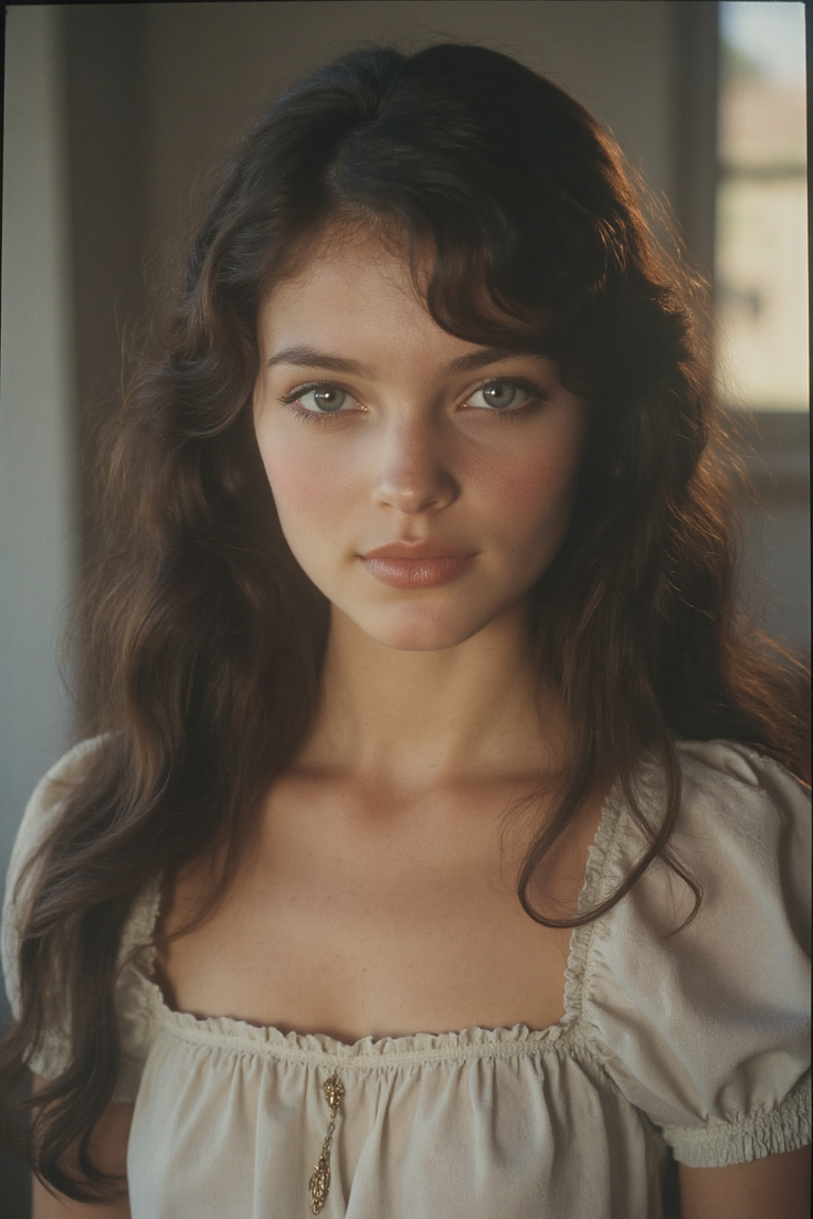 Woman with long wavy hair and light eyes in a ruffled top with soft lighting