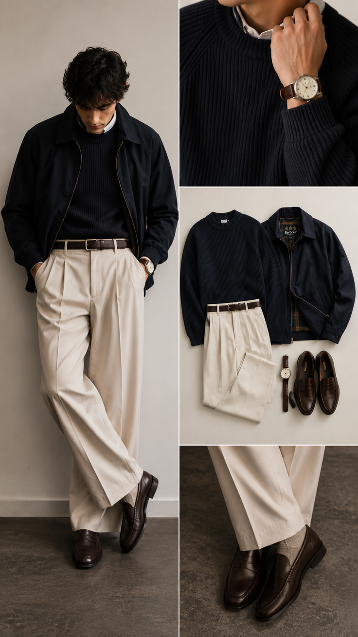 Man in a navy jacket, ribbed sweater, and pleated pants with loafers