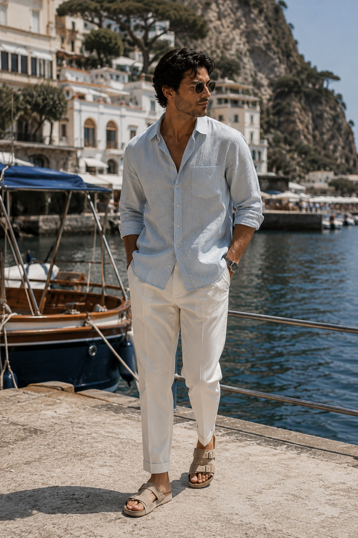 Man in a linen shirt and white pants walking along a harbor in a coastal town