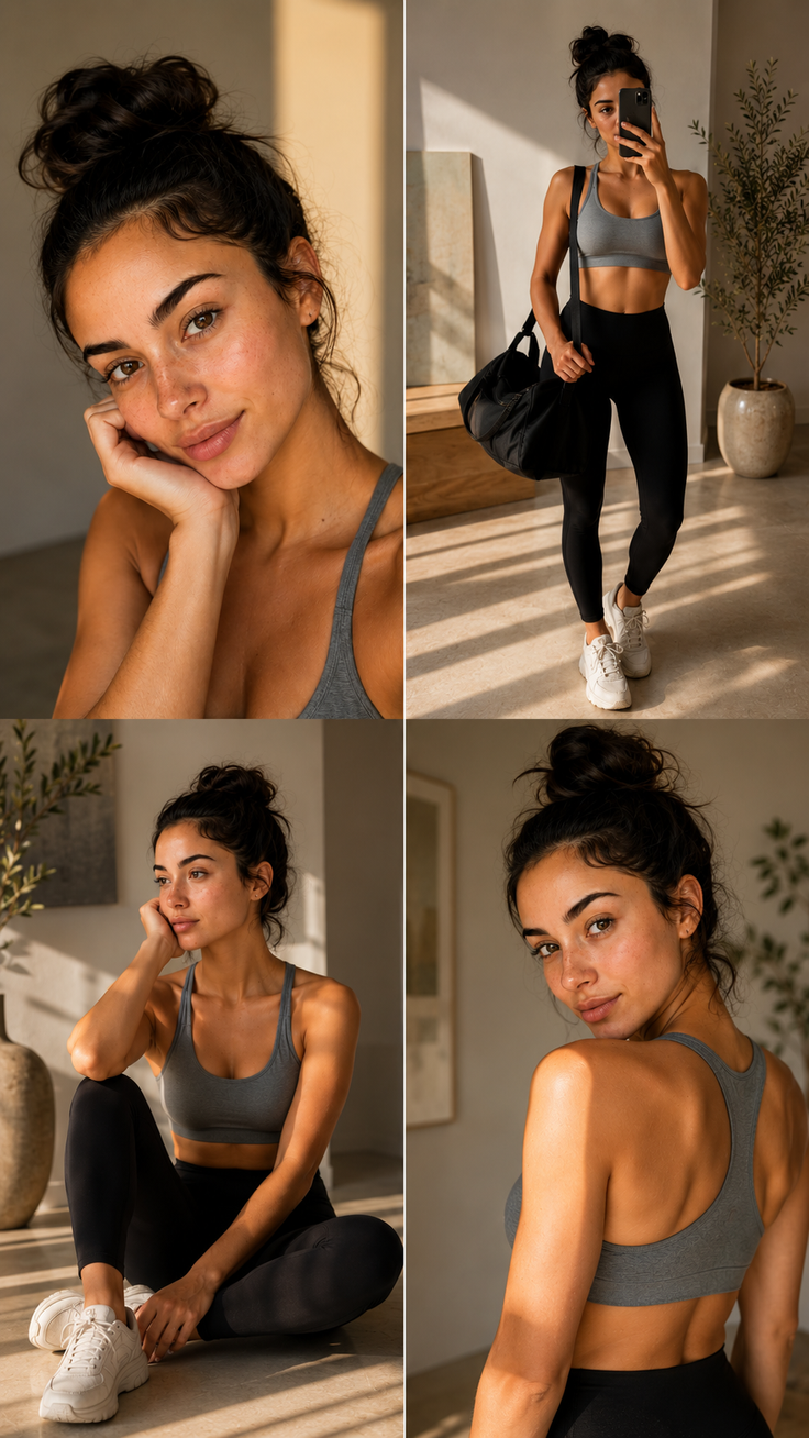 Woman in a grey sports bra and black leggings in an indoor setting